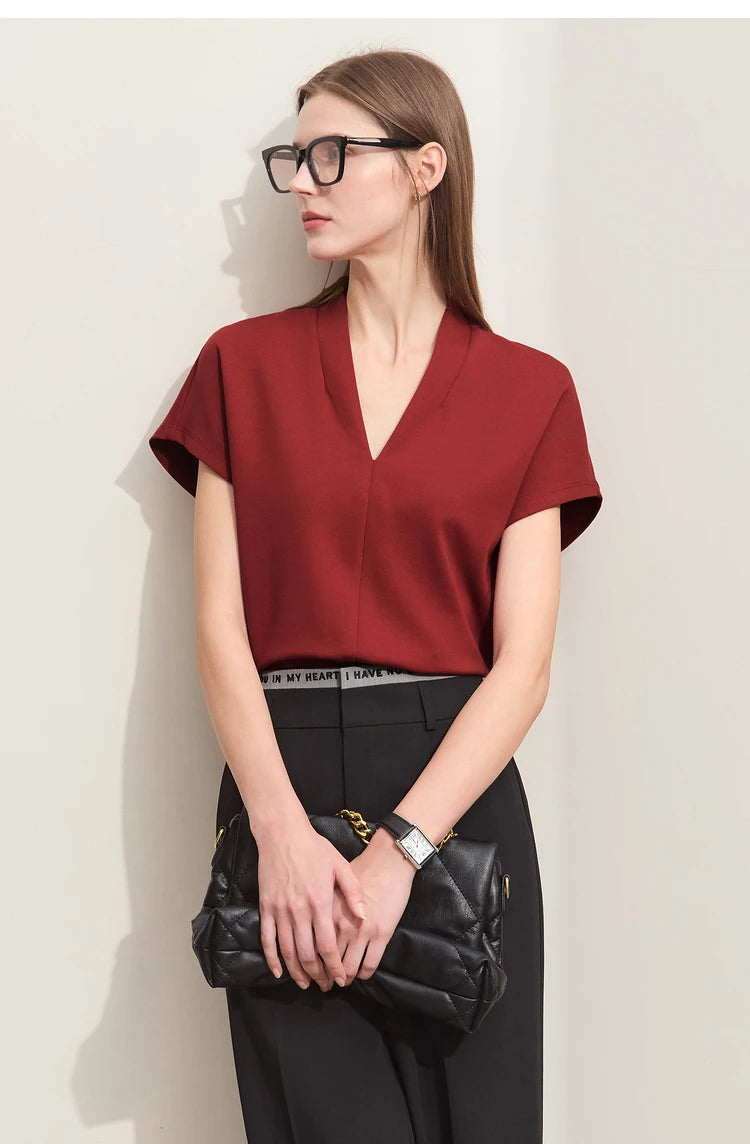 AMII Minimalism 2023 Summer Women's T-shirt Classic Style Casual V-neck Short Sleeve Solid Stretch Female Tops & Tees 12312013