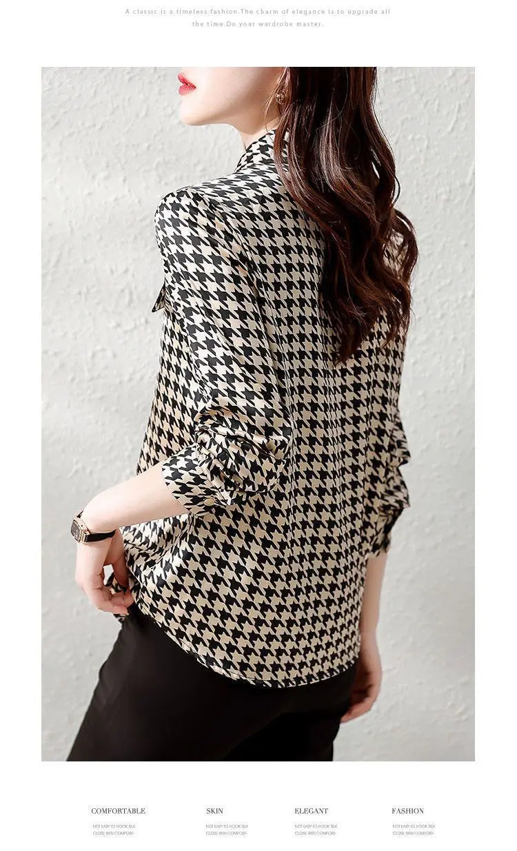 Spring Autumn Elegant Fashion Houndstooth Print Lace Up Shirt Ladies Long Sleeve Temperament All-match Blouse Femme Cardigan Top