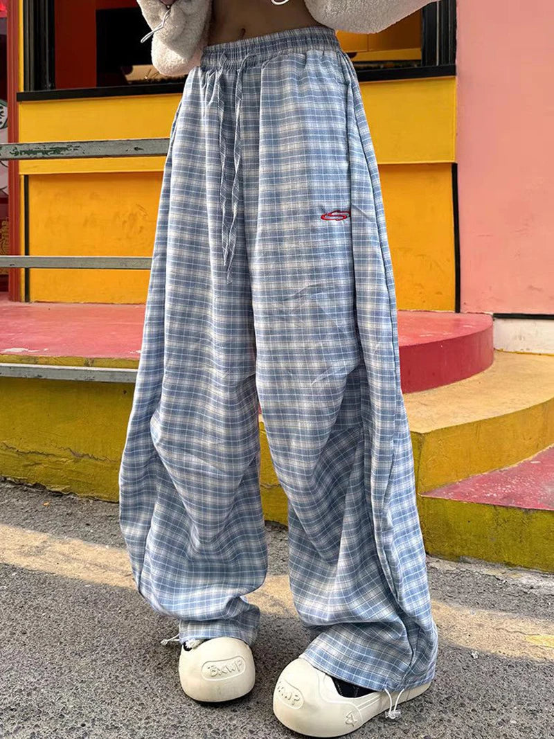 Zoki Streetwear Y2K Plaid Pants Women Vintage American High Waist Scimitar Pants Harajuku Oversize Loose Bf Casual Trousers New