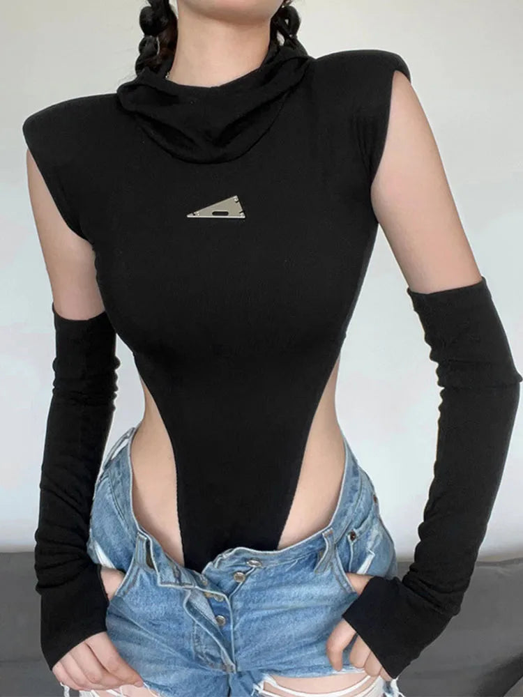 Fashion Solid Color Hooded Bodysuit One Piece Sexy Round Neck Sleeveless Lingerie Sexy Casual Slim Streetwear Festival Outfit