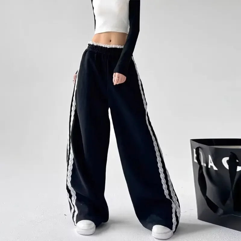Trendy Casual Wide Leg Pants Women's Autumn Winter High Waist Splicing Lace Trim Drapey Slimming Sporty Trousers