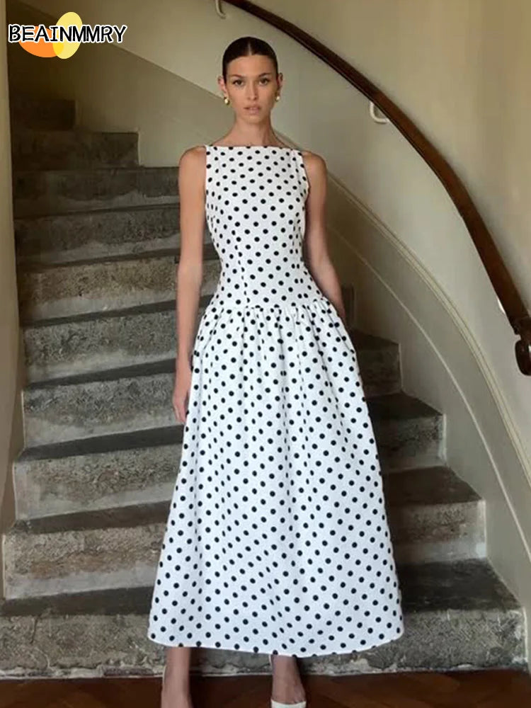 Elegant Women Polka Dot Maxi Dresses Chic Sleeveless Round Neck High Waist Slim Long Vestidos 2025 Lady Party Street New Dress