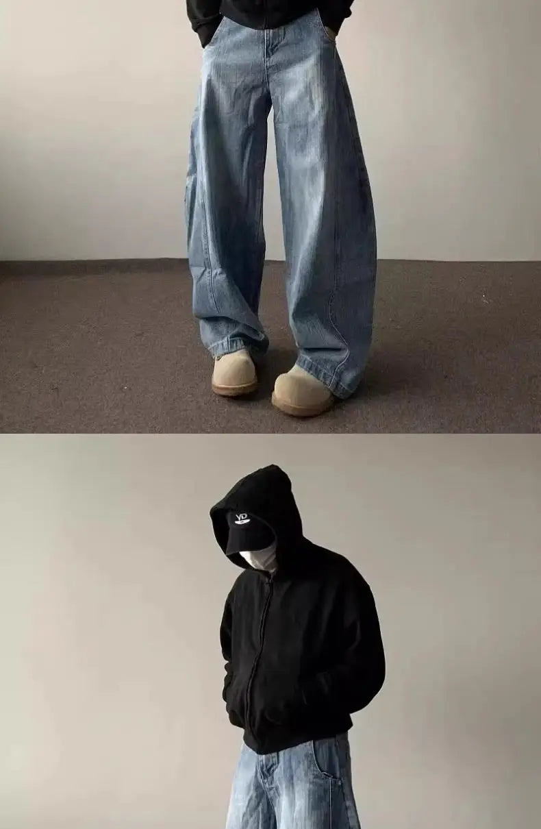 High street American men and women trendy hip-hop washed curved knife jeans for couples loose retro wide leg casual pants y2k