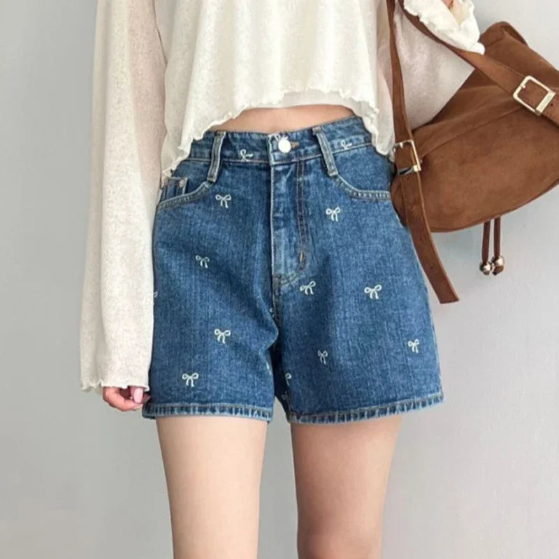 HELIAR Women Bowknot Embroidery Denim Shorts With Pockets Casual High Waist A-line Jean Shorts Female Office Trousers Summer