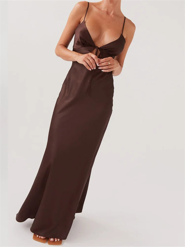 CHRONSTYLE Women Dresses Solid Color Sleeveless Strap V-neck Front Tie-Up Backless Long Dress Summer Slim Casual Female Vestidos