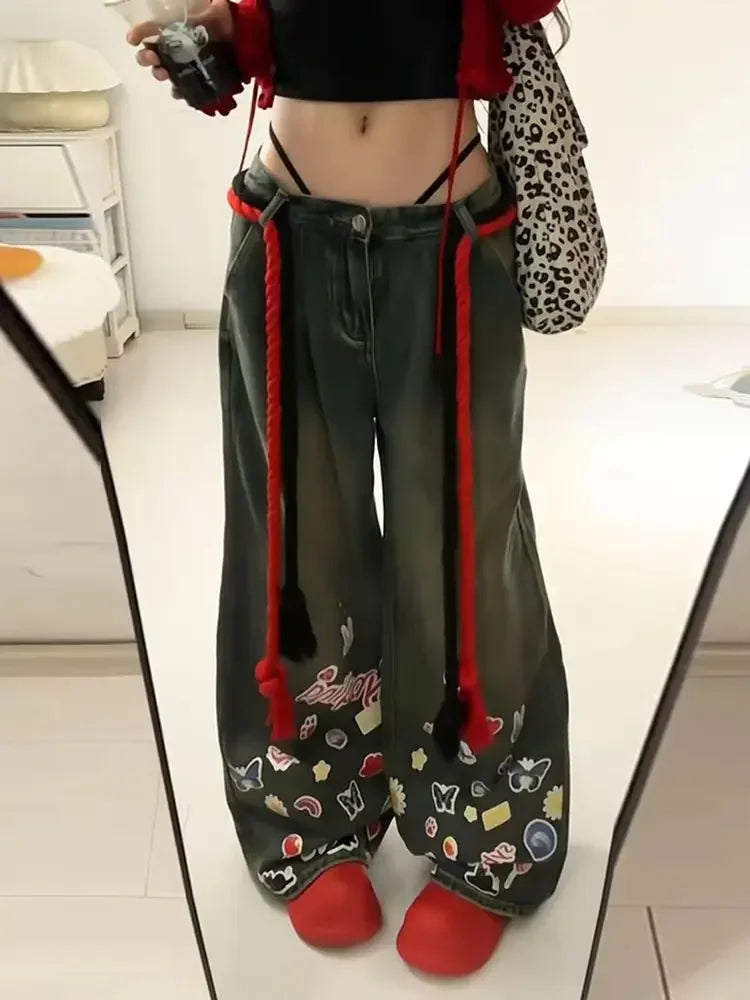 Trendy High Waisted Wide Leg Jeans Women's Fall Winter Cartoon Graffiti Loose Fit Trousers with Draping Effect baggy jeans women