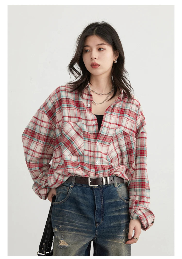CHIC VEN Women's Cotton Shirt Single Breasted Loose New Retro Color Blocked Grid Female Blouses Autumn Spring 2024