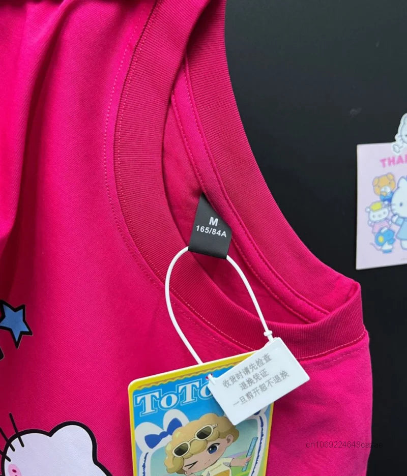 Sanrio Hello Kitty New Clothes Rose Red Fashion Short Sleeve T-shirts Y2k Summer Cotton Loose Tees Women Korean Style Sweet Tops