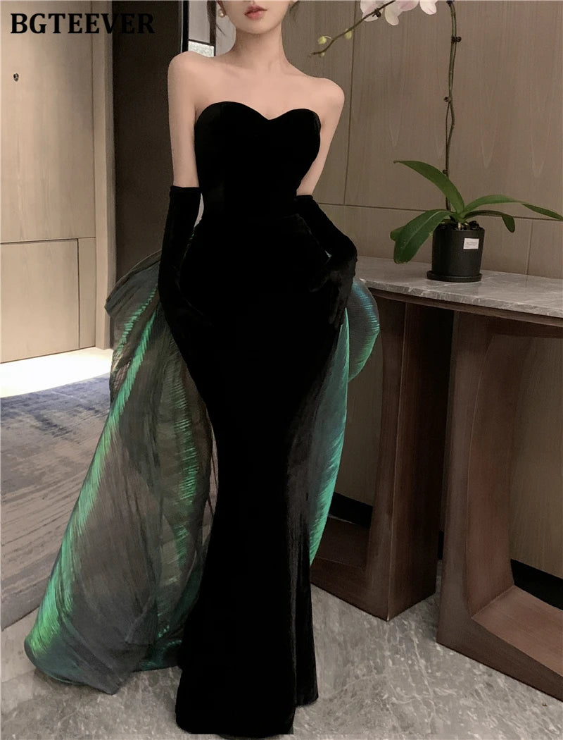 BGTEEVER Fashion Spring Ladies Sleeveless Party Velvet Dress Elegant Slim Waist Women Floor-Length Package Hip Strapless Dress