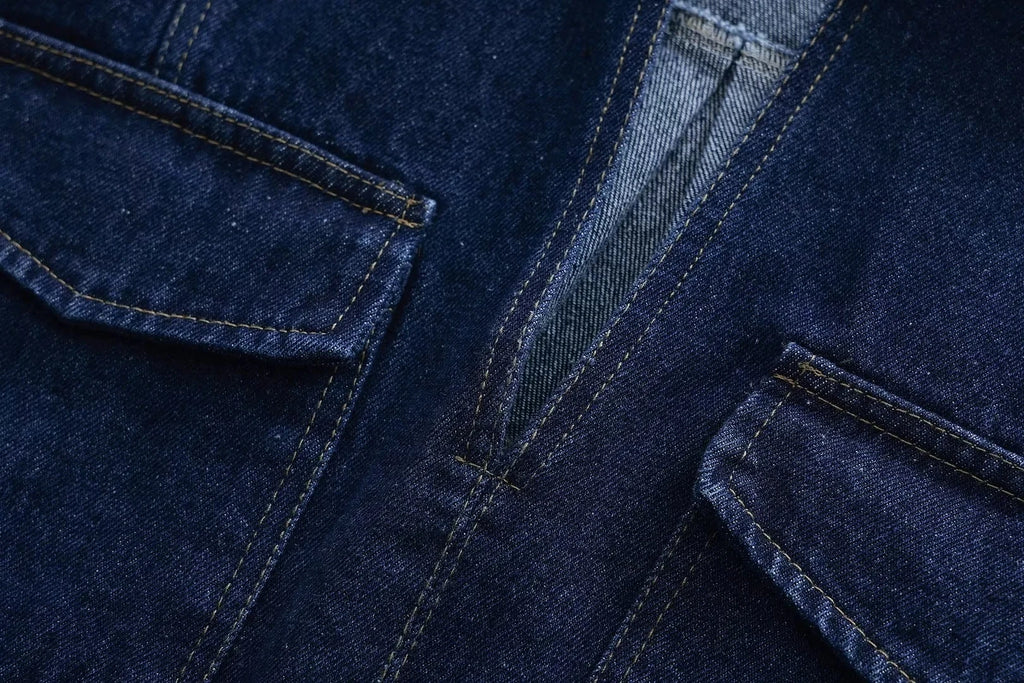 2025 Women's Fashion Flip Pocket Decoration Short Flip Collar Slim fit denim Top + Asymmetric Denim Skirt 2 Piece Set