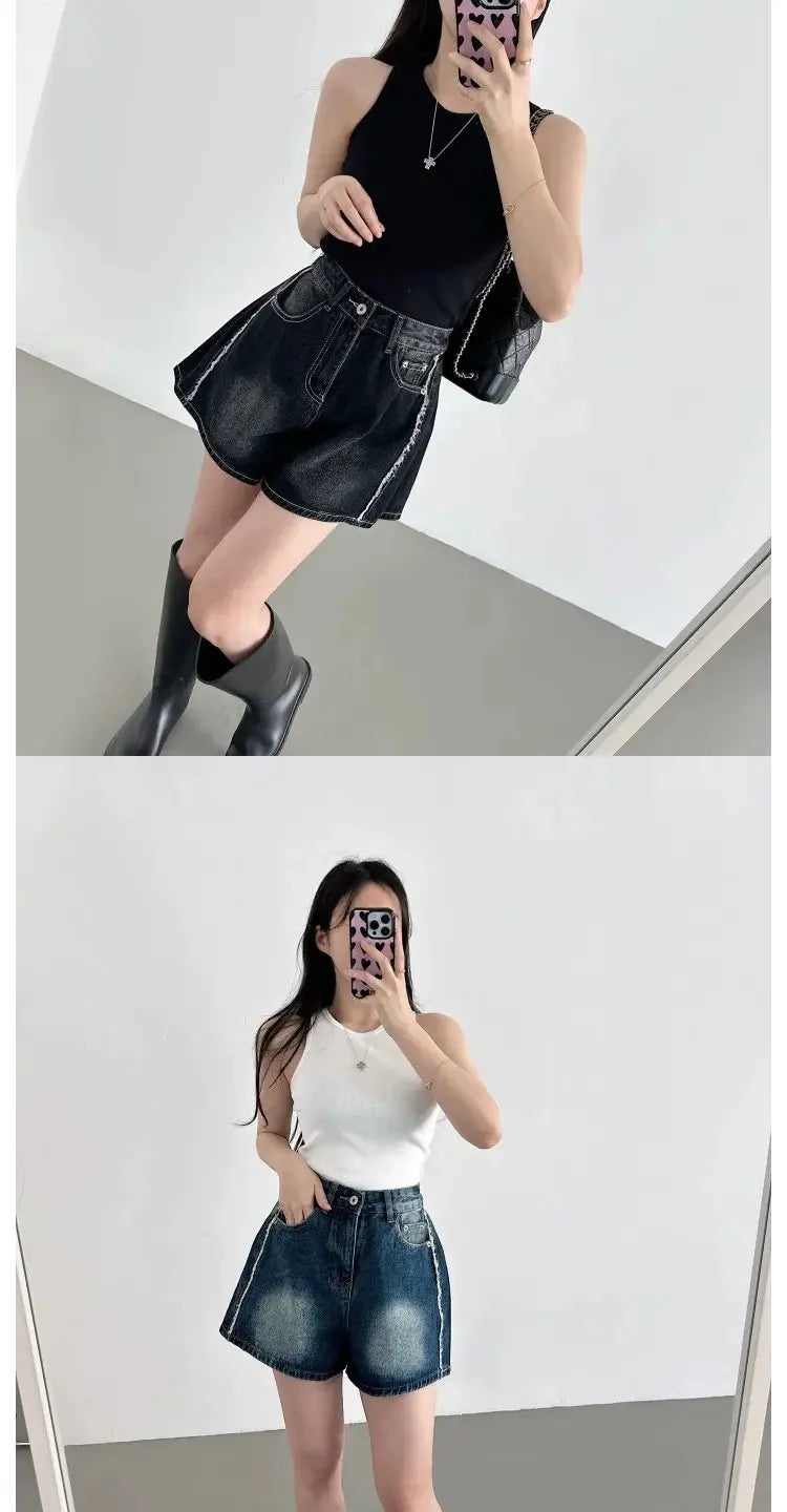 Retro Waed Distred High Waist Wide Leg Jeans orts Casual Sle A-Line Loose Fit Summer Denim orts for Women