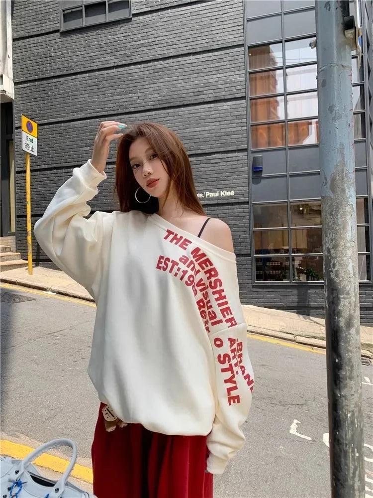 Shoulder Bared Vintage Print Letter Long Sleeve Sweatshirt Women's Autumn New Style Small Audience Oblique Shoulder Irregular Lo