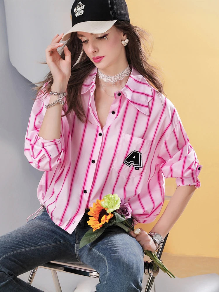 Women’s Cropped Loose Fit Striped Shirt with Letter Patch, Casual Button Down Blouse, Pink Streetwear Long Sleeve Top