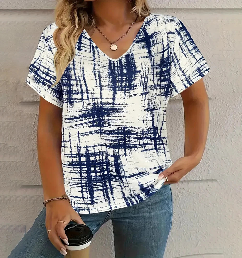 Summer Vintage Women's T-shirt Casual Plaid Pattern Printed Clothing Outdoor V-neck Short Sleeve Top Fashion Street T-Shirts