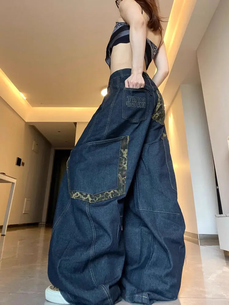 Retro High Street Loose Fit Deep Blue Wide Leg Jeans for Women with Slimming Flare Design Perfect for Autumn Winter Casual Style