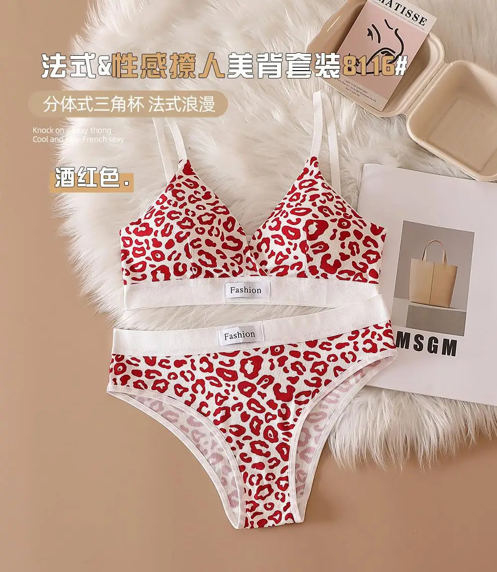 Bra Set Euro-American Sexy Leopard Print Seamless Steel Ring Bra French Adjustable Shoulder Straps Beautiful Back Underwear Set