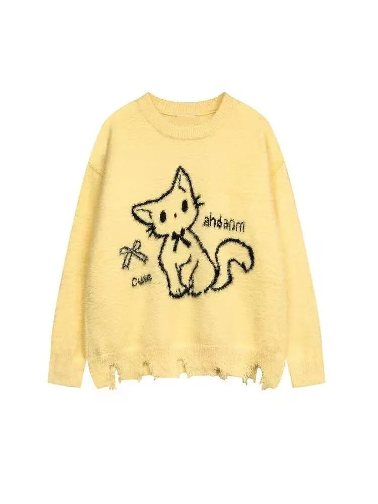 Winter American New Green Bow Neck Sweater Women Loose Print Pattern Vintage High Street Lazy Wind Knitted Sweater