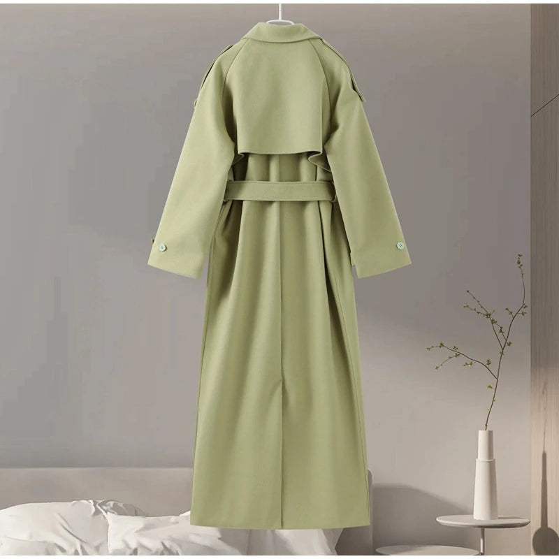 Urban Solid Double Breasted Long Women Coat Casual Full Sleeve Belt Double Breasted Female Jacket 2024 Autumn Winter Lose Lady