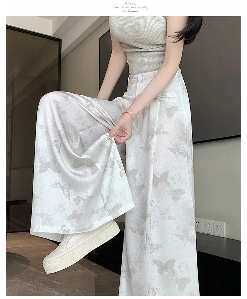 Zoki Bufferfly Print Satin Wide Leg Pant Women Loose Elegant Fashion High Waist Korean Trousers Casual Sweet High Quality Pants