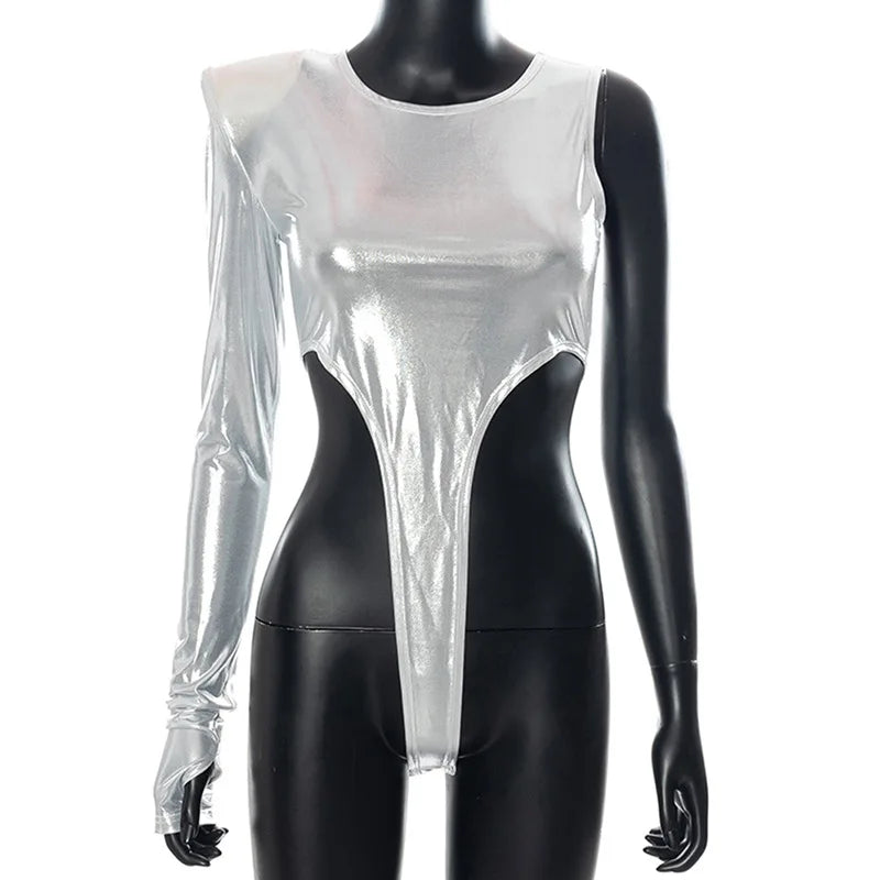 Shoulder Pads Metallic Asymmetrical Sexy Bodysuit Casual Playsuit Soild Splicing Lady Jumpsuit Slim Fit O-Neck Streetwear Tops