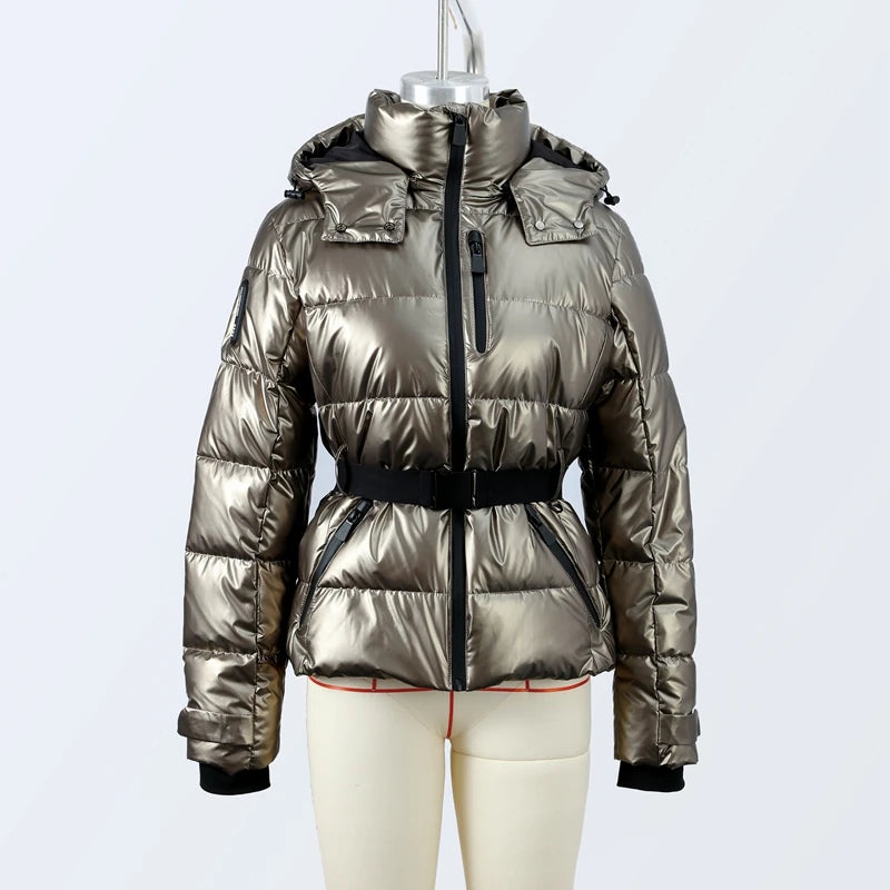 Fashion Hooded Padded Coats With Belt Women Slim Stand Collar Full Sleeve Pocket Coat Winter Lady Thicken Warm Skiing Jacket