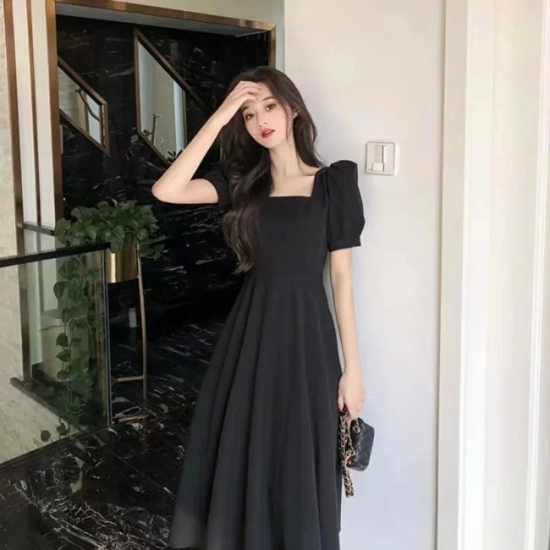 Summer French Vintage Hepburn White Long Dress Slimming High Waist Square Neck Bubble Skirt Women's Fashionable Knee-Length Dres