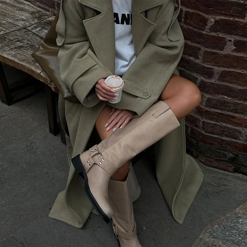 Urban Solid Double Breasted Long Women Coat Casual Full Sleeve Belt Double Breasted Female Jacket 2024 Autumn Winter Lose Lady