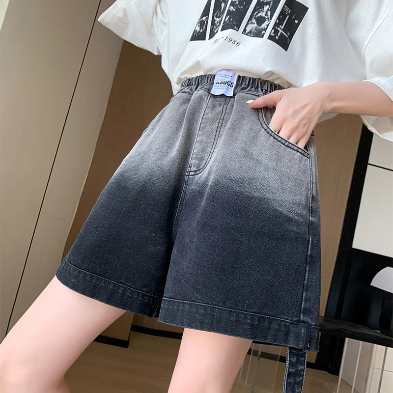 Gradient Plus Size Denim Shorts For Women Summer 2024 New High Elastic Waist Pockets Wide Leg Loose Jean Short Femme Hot Sale