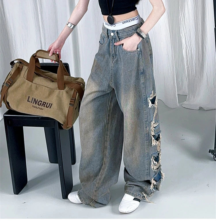 Kids Child American Vintage Washed and Distressed Jeans with Side Hole For Girl High Street Fashion  Wide Leg Broken Denim Pants