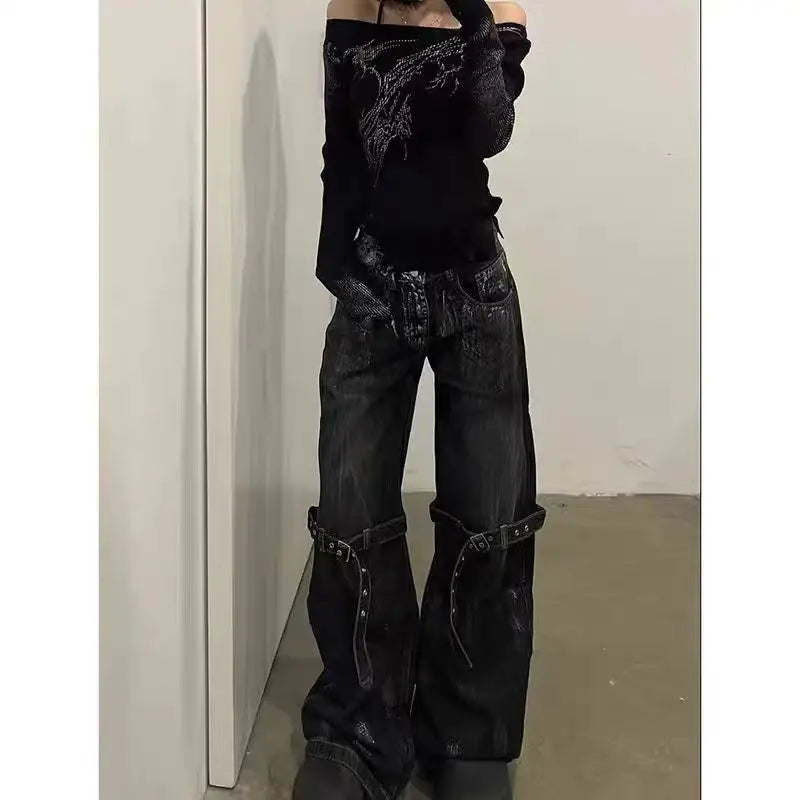 American Retro Wide Leg Baggy Casual Denim Trouser Harajuku Solid High Waist Loose Jeans 2024 Summer Belted Design Women Pants