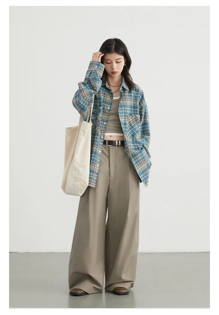 CHIC VEN Women's Cotton Shirt Single Breasted Loose New Retro Color Blocked Grid Female Blouses Autumn Spring 2024