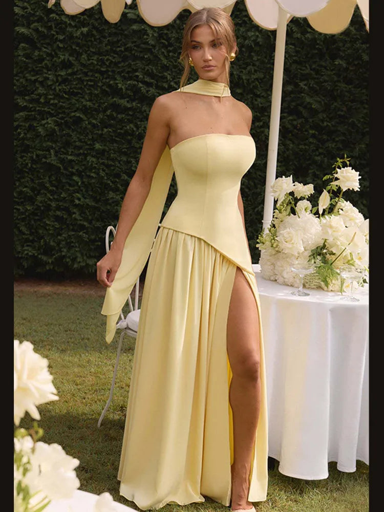 Butter Yellow Scarf Neck Split Long Dress Women Elegant Strapless Slim Fit High Waist Vestidos 2025 Lady Evening Party Gowns New