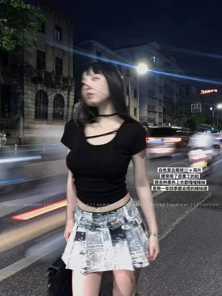 Newspaper Printed All-match Skirt for Women Y2k High Waist Ruched Faldas Mujer 2025 Early Autumn New A-line Skirts