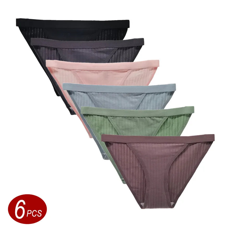 6Pcs Cotton Ribbed Striped Underwear for Women Solid Color Female Stretch Briefs Ladies Soft Lingerie M-XL