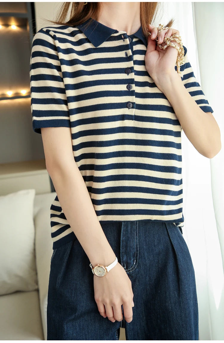 RONGYI 100% Cotton Women's Spring And Summer New Polo Neck Knitted Pullover With Stripes And Thin Short Sleeve T-Shirt Loose Top