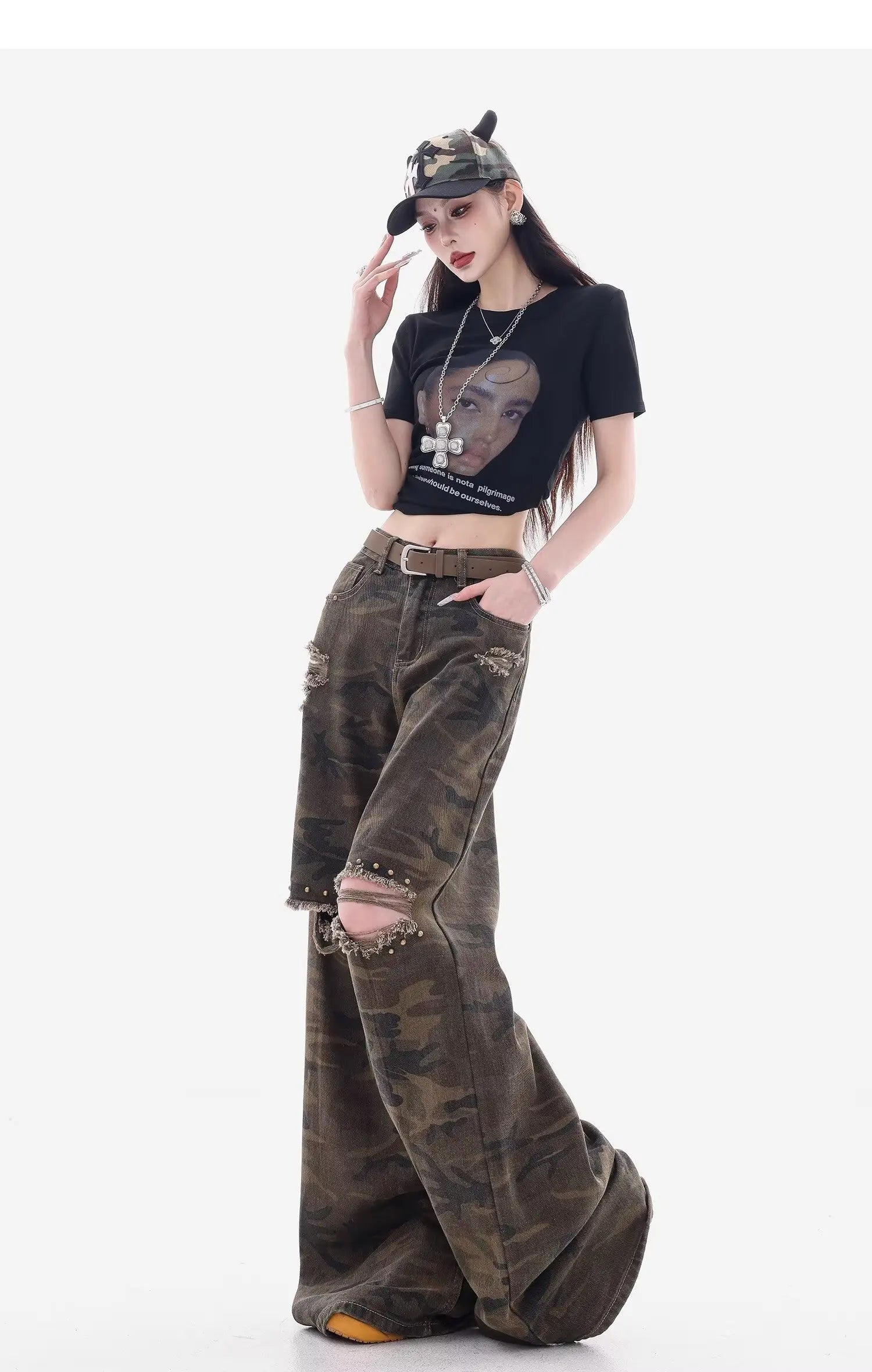 Meigao Street Ripped New Retro Loose Camouflage Ripped Jeans Women's Design Straight-Light Wide Legs