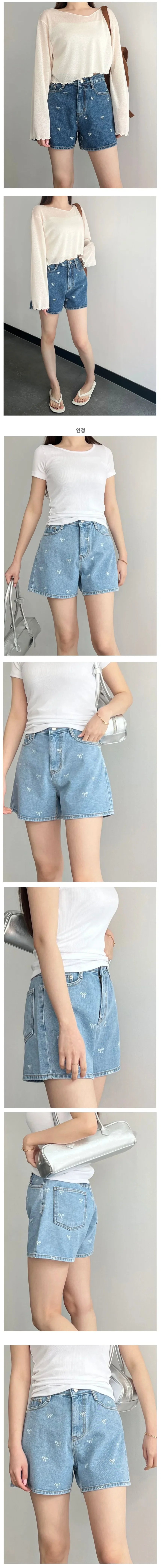 HELIAR Women Bowknot Embroidery Denim Shorts With Pockets Casual High Waist A-line Jean Shorts Female Office Trousers Summer
