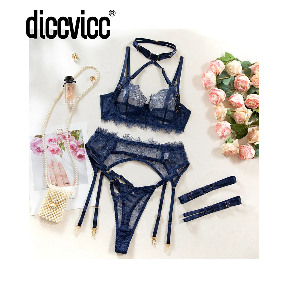 Diccvicc Lingerie Sexy Hot Eyelash Lace Trim Bandage Bra Garter Belts with Underwear Panty Transparent Intimacy Wear Exotic Set