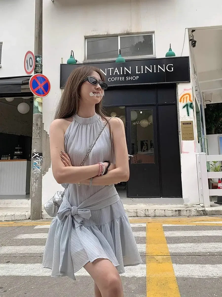 French Style Off-Shoulder Blue Summer Dress Women's Fashion Knot Waist A- Line Mini Skirt Black Short Skirt Sleeveless Gown