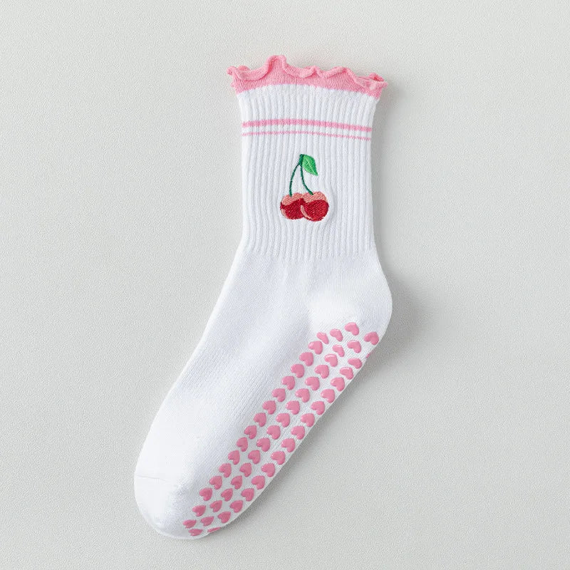 Yoga Socks Women Cotton Cherry Embroidered Lettuce-Edge Dot Silicone Non-slip Grip Pilates Crew Socks