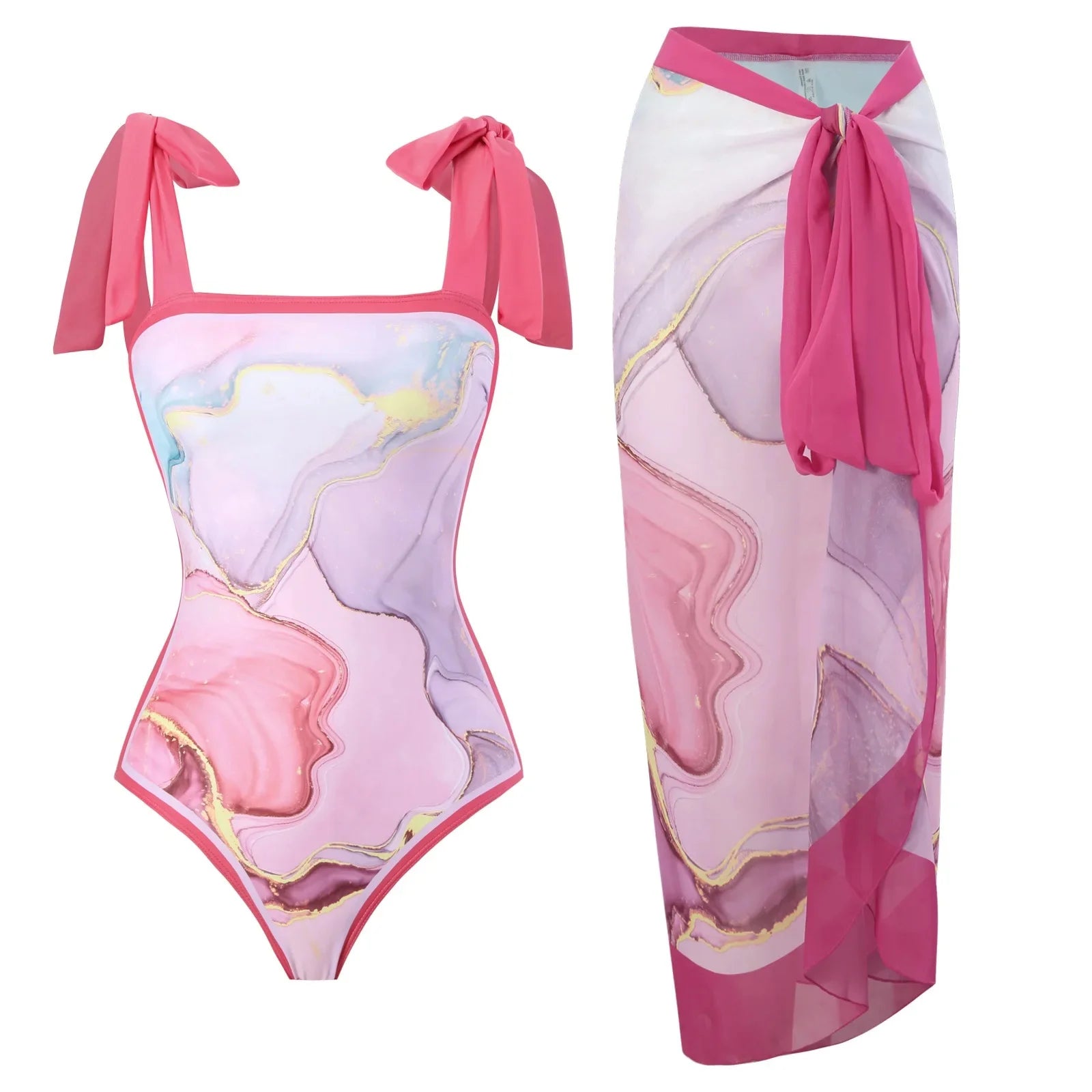 Retro One-Piece Swimsuit Set for Women with Chiffon Skirt Conservative Sexy Swimwear New 2025 Cross-Border AE Stock
