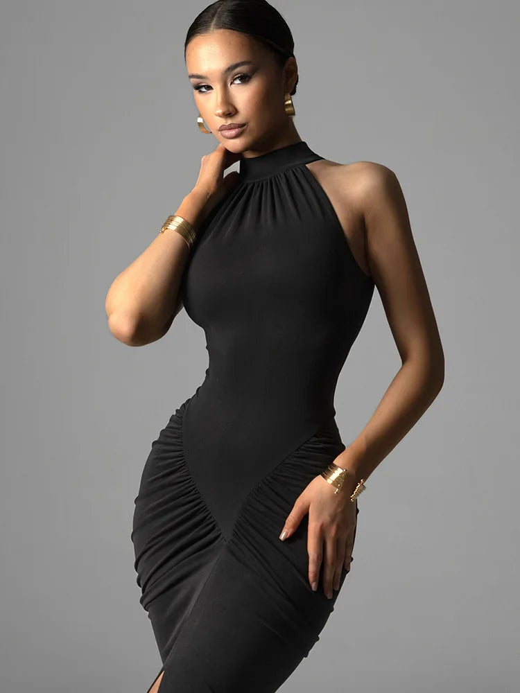 Mozision Halter Ruched Sleeveless Sexy Maxi Dress Women Gown Fashion Slim High Waist Evening Club Party Split Long Dress