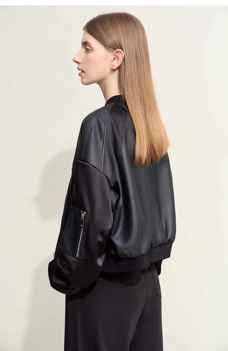 Amii Minimalism PU Leather for Women 2024 Autumn New Casual Handsome Baseball Collar Zipper Short Retro Female Jacket 12423080