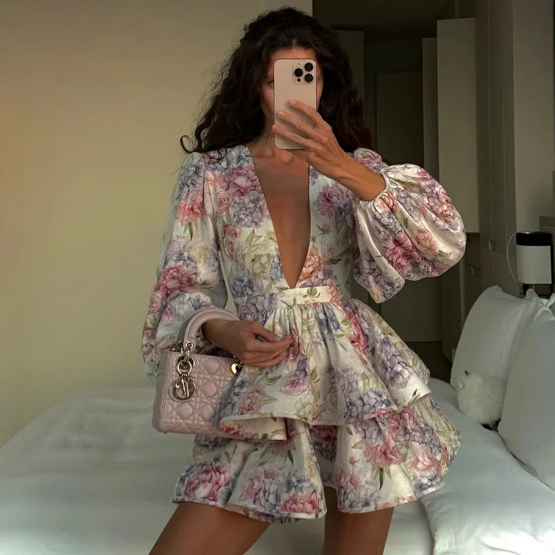 Printed Ruffled Hem Deep V-neck Puffy Dress Long Lantern Sleeve Elegant Vacation Party Short Dresses Colorful 2025 Spring Robe