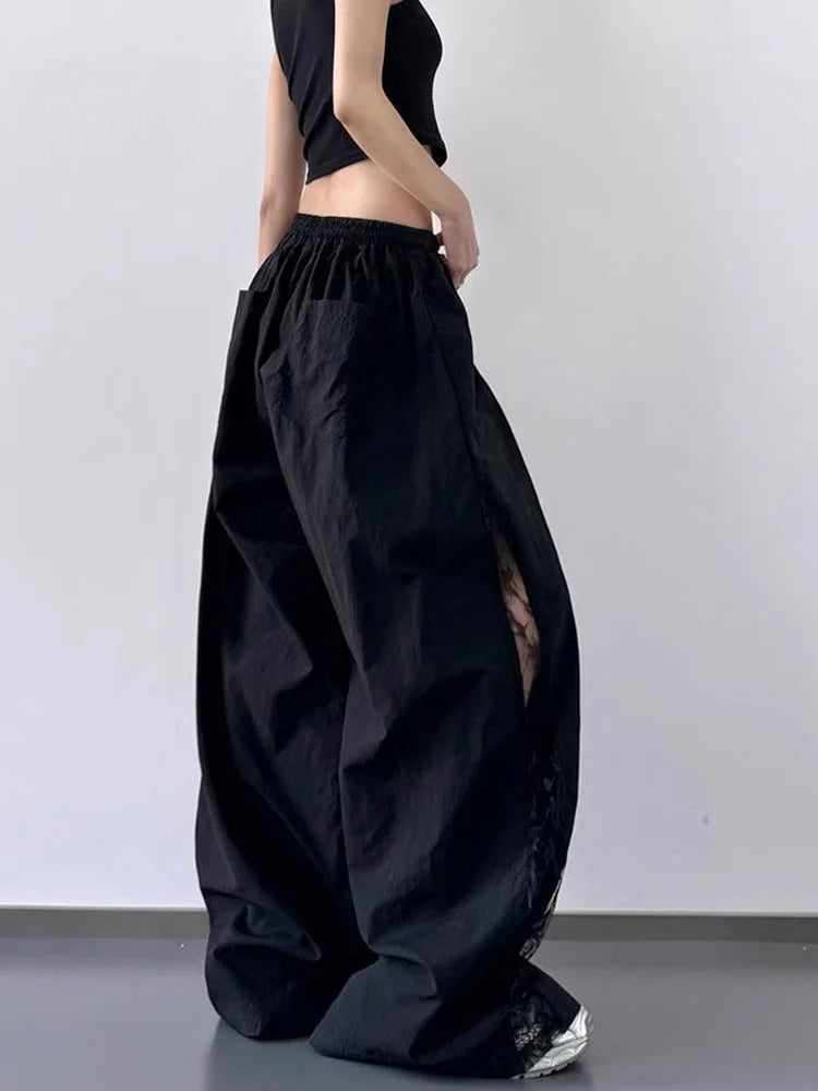 Jmprs Lace Patchwork Wide Leg Pants Women Oversize Streetwear High Waist Vintage Trousers Korean Casual Summer Sweet Retro Pants