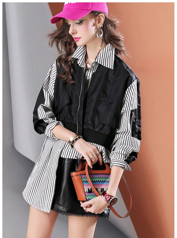 High Quality Loose Fake Two Piece Mid-Length Women's Casual Striped Shirt