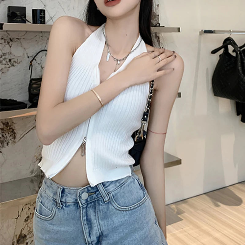 V-neck Camis Women Hotsweet Sexy Halter Crop Tops Zipper Streetwear Pure Sleeveless Chic