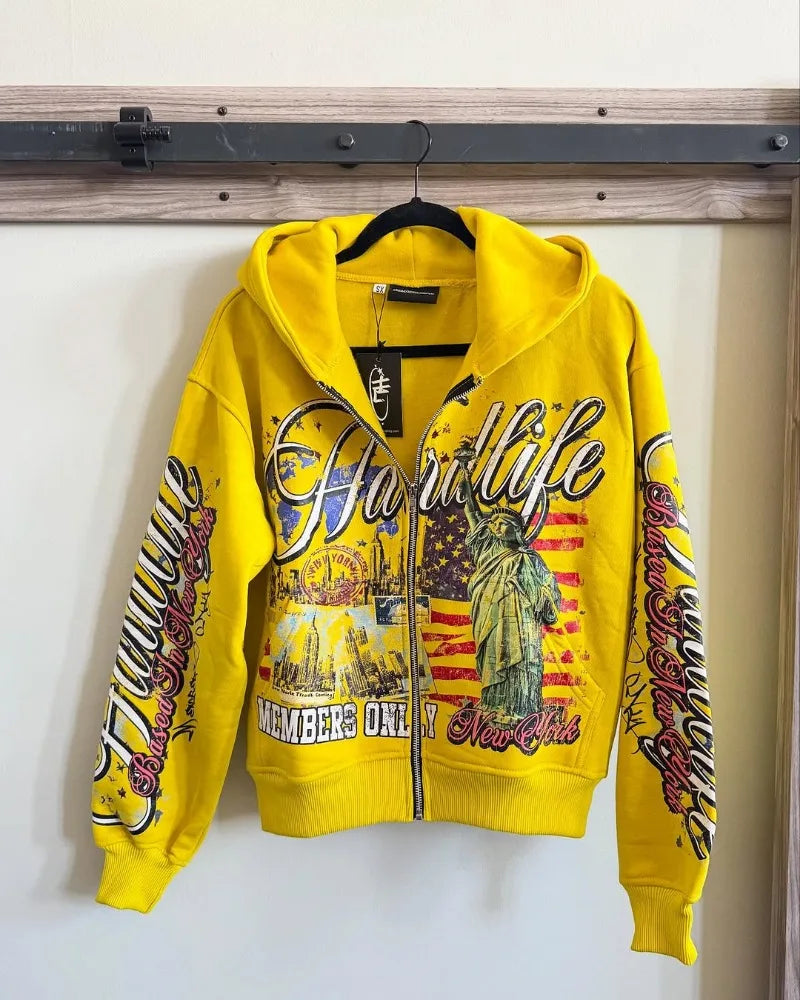 2025 European and American retro fashion men printed zipper hoodie Harajuku Goth streetwear coat couple oversized sweatshirt