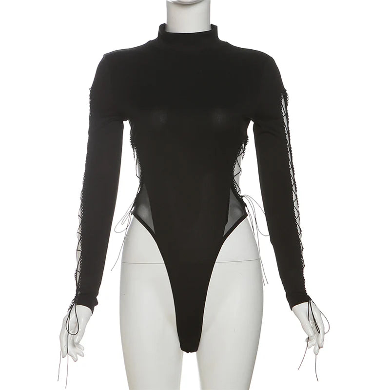 SylCue Irregular Hollow Solid Skinny Bodysuit Women Turtleneck Shirring Full Sleeve Spicy Girl Fashion Trend Classic Streetwear