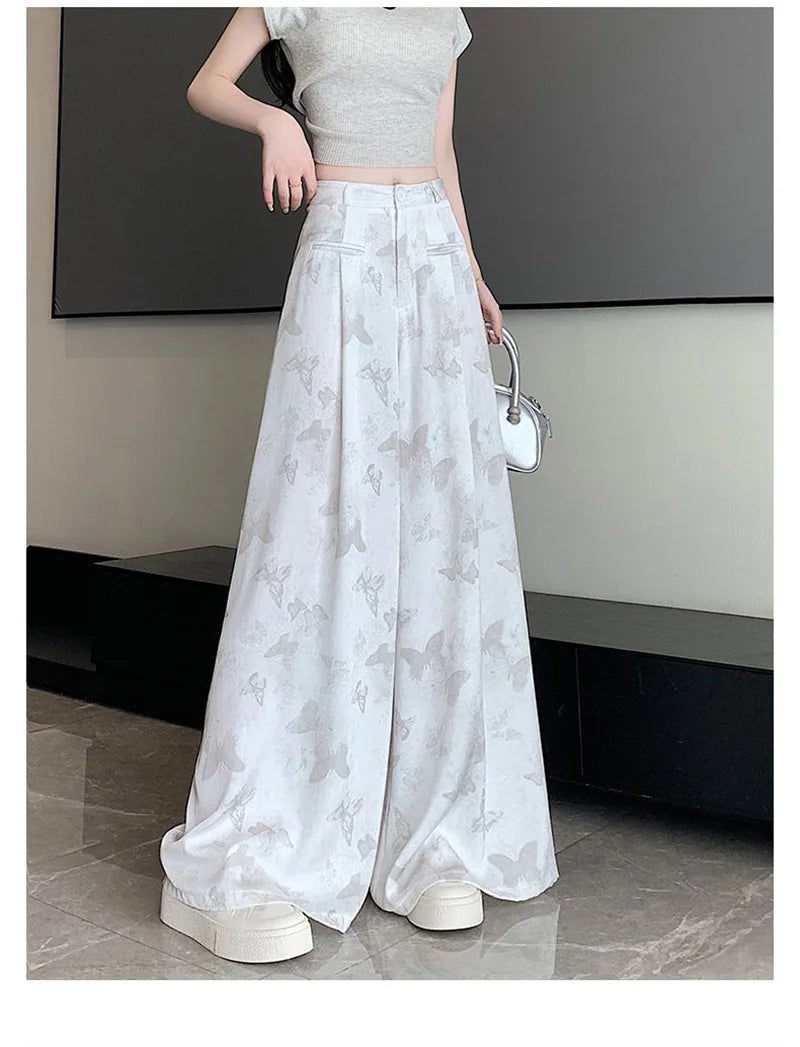Zoki Bufferfly Print Satin Wide Leg Pant Women Loose Elegant Fashion High Waist Korean Trousers Casual Sweet High Quality Pants
